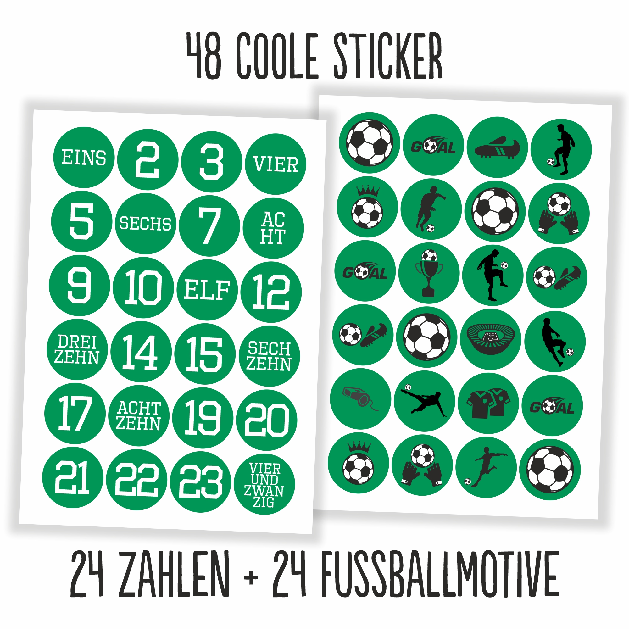 Adventskalender Aufkleber Fußball grün/weiss - 48 Sticker mit 24 Tüten zum selbst Befüllen