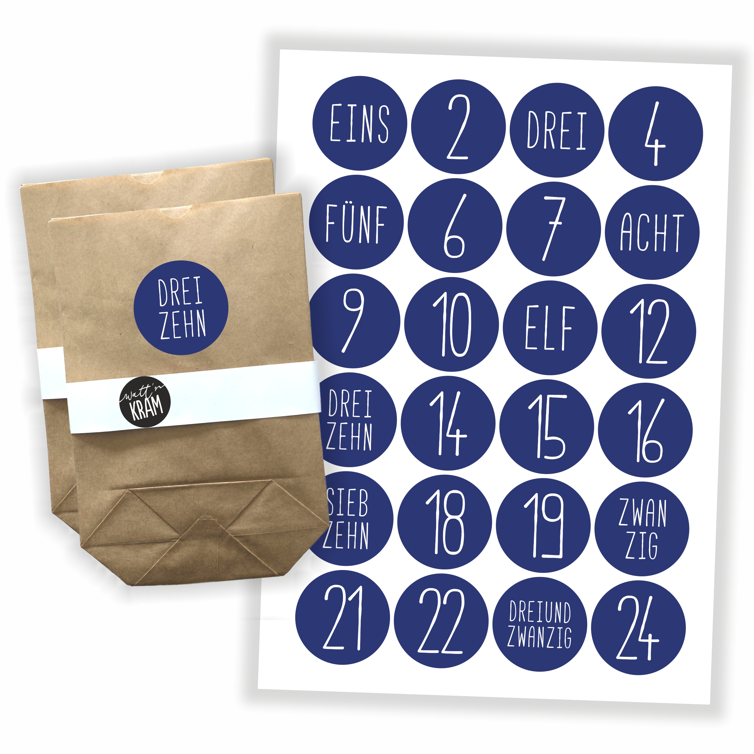 Adventskalender blau - Aufkleber + 24 Tüten