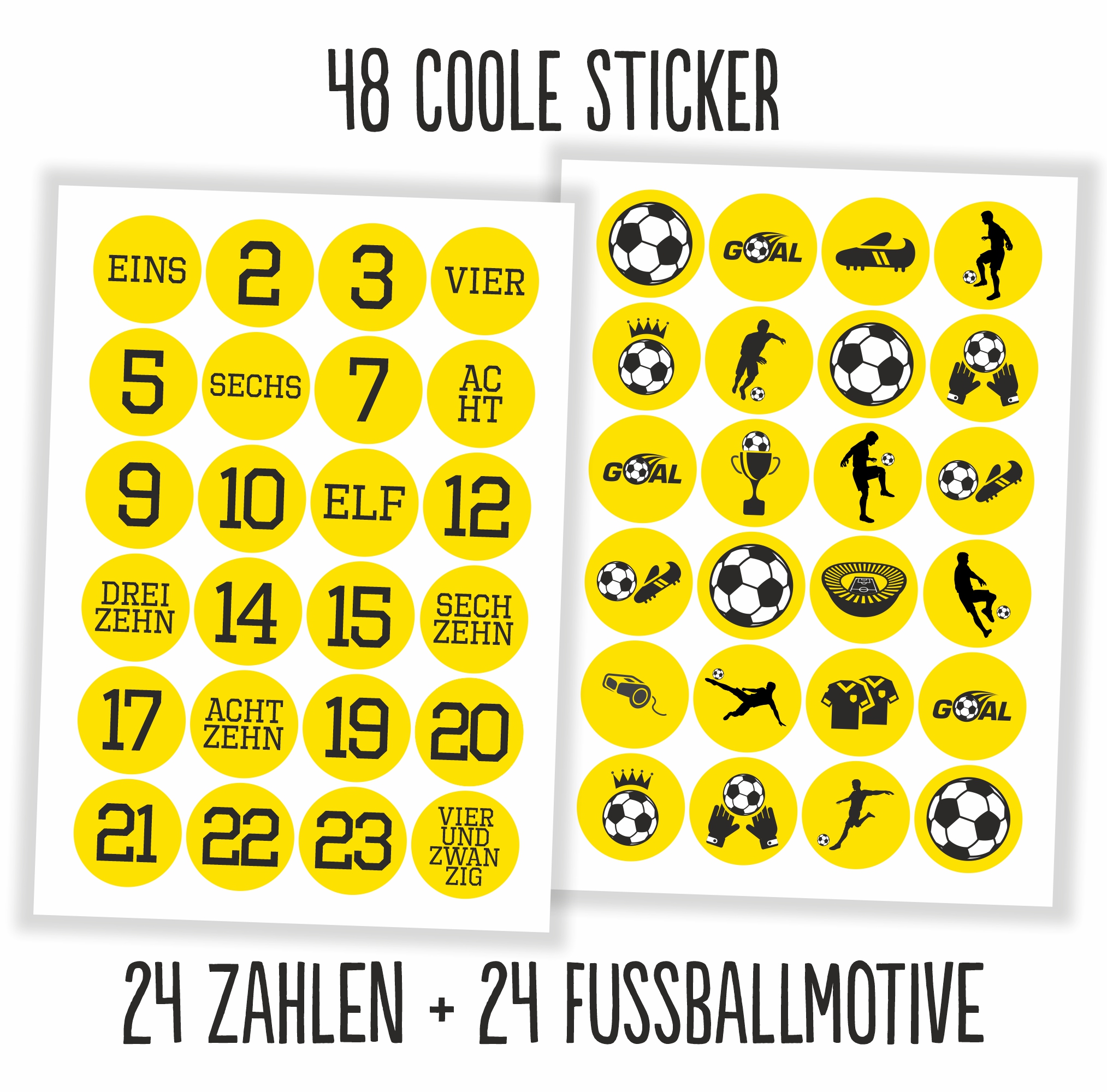 Adventskalender Aufkleber Fußball - 48 Sticker mit 24 Tüten zum selbst Befüllen - gelb/schwarz – Ansicht 2 von 4