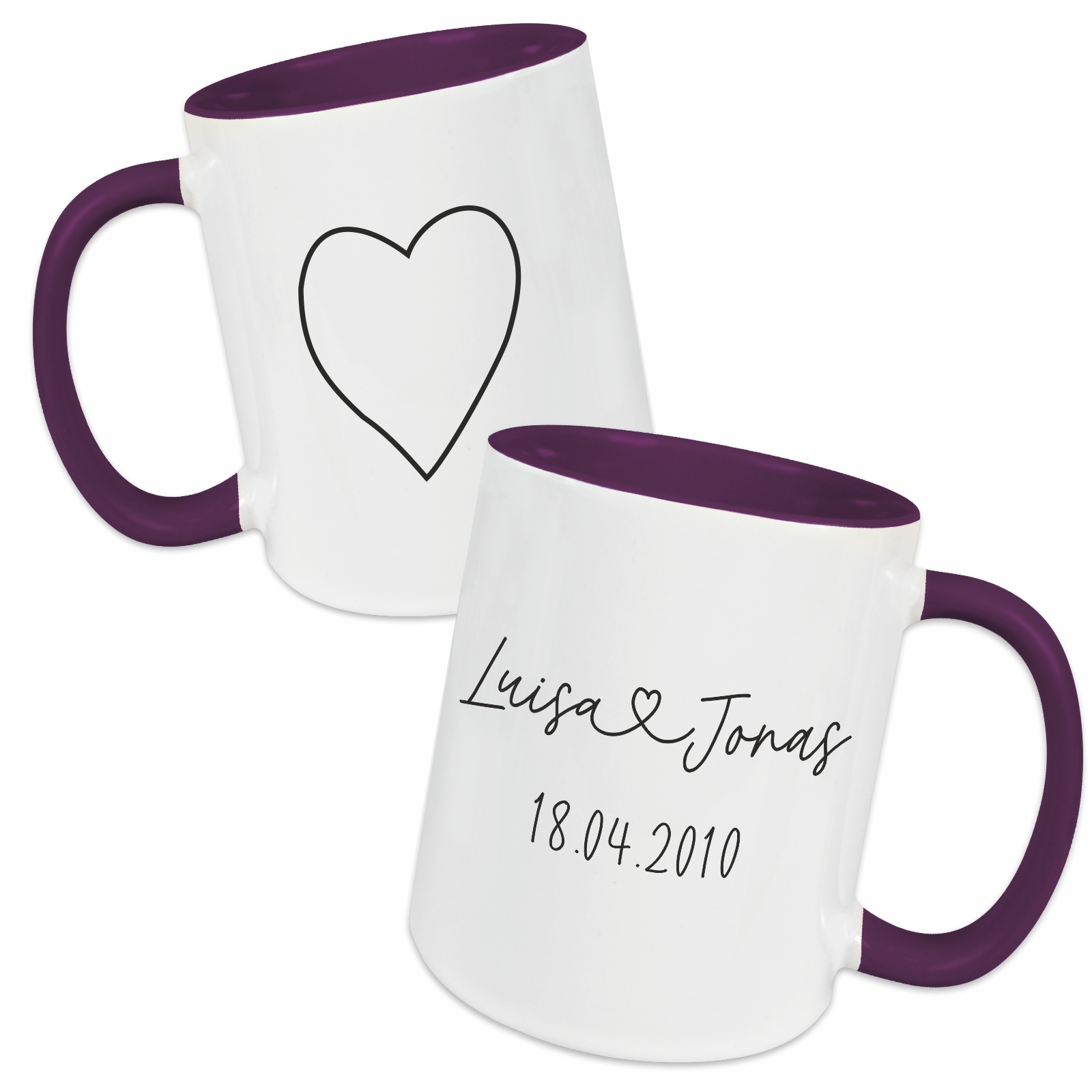 Tasse - Partner Namen, Datum & Herz lila