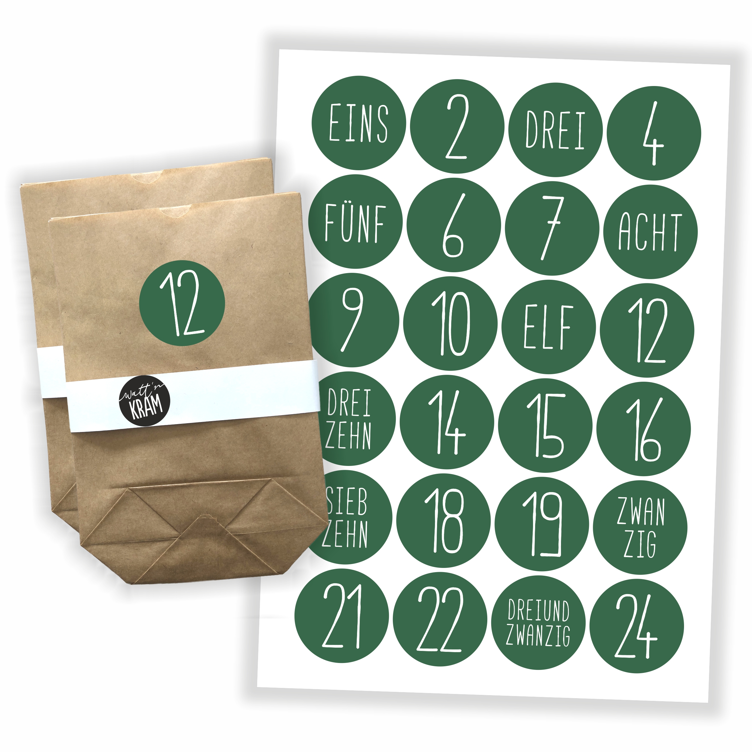 Adventskalender dunkelgrün- Aufkleber & Tüten zum selbst Befüllen Sticker + 24 Tüten