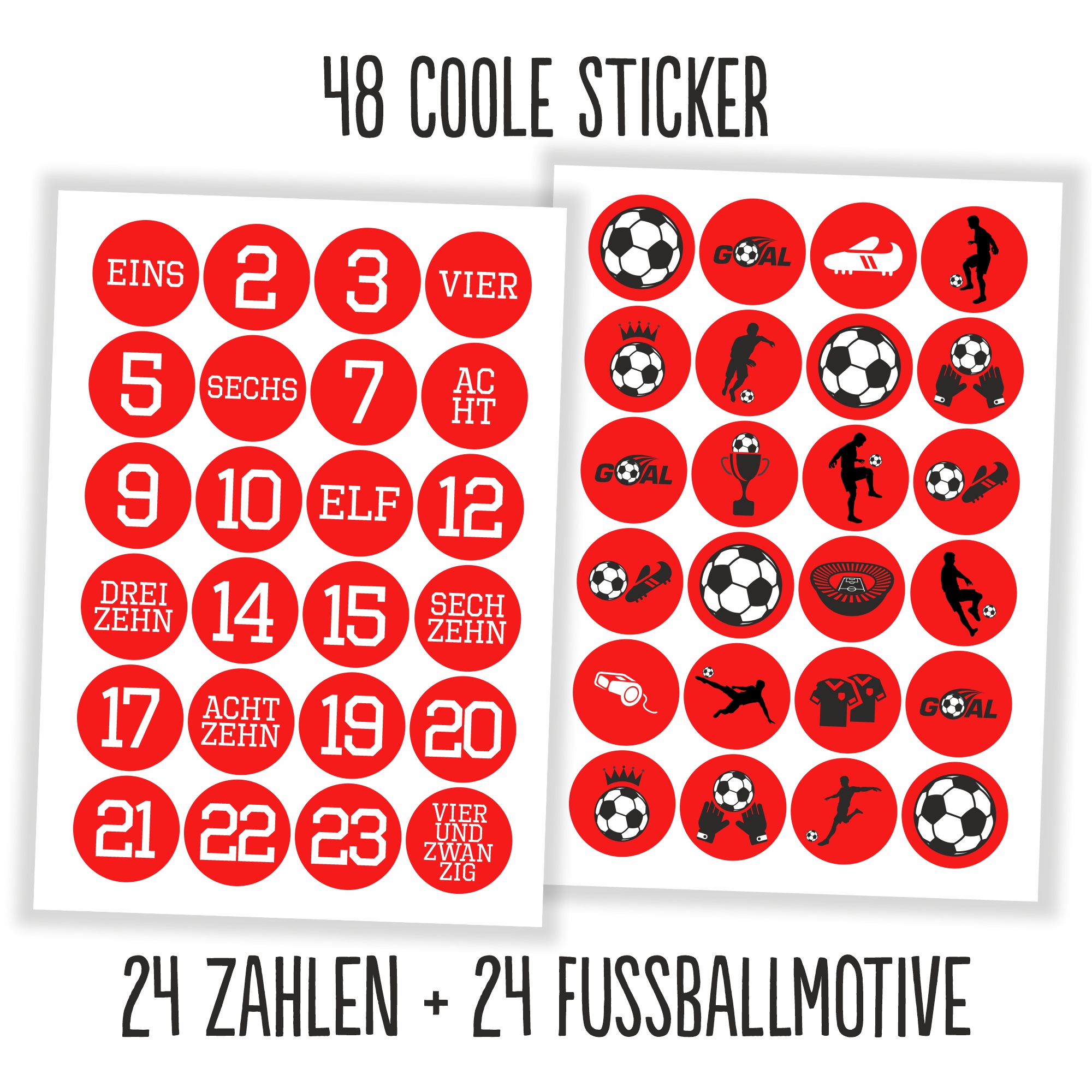 Adventskalender Aufkleber Fußball rot/weiss - 48 Sticker mit 24 Tüten zum selbst Befüllenn