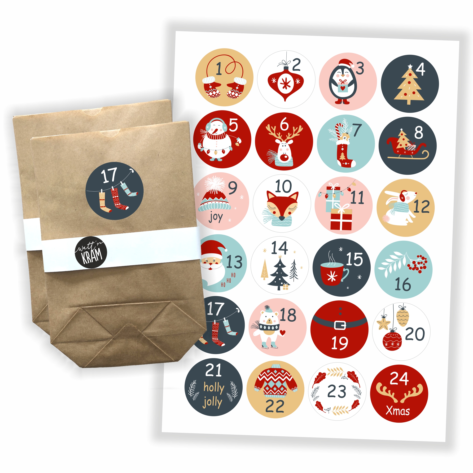 Adventskalender Motive - Aufkleber + 24 Tüten