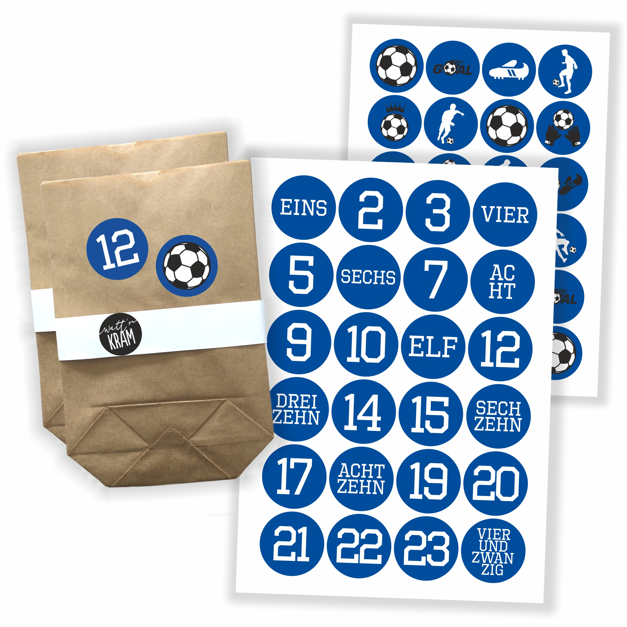 Adventskalender Fußball blau/weiss - Aufkleber & Tüten zum selbst Befüllen
