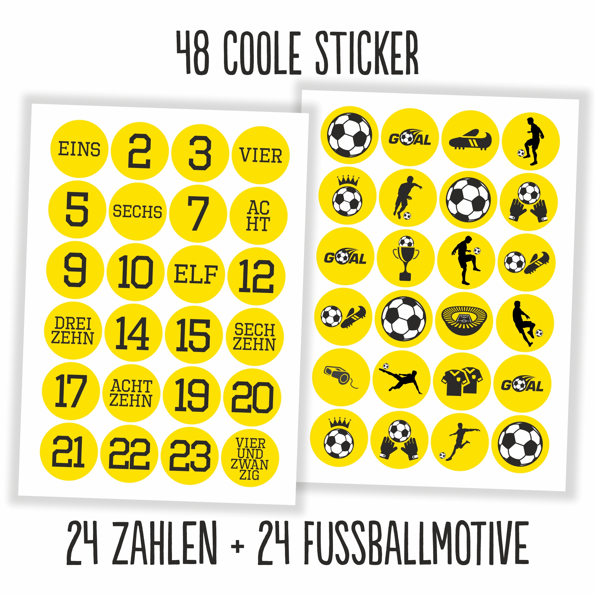 Adventskalender Aufkleber Fußball gelb / schwarz - 48 Sticker (ohne Tüten)