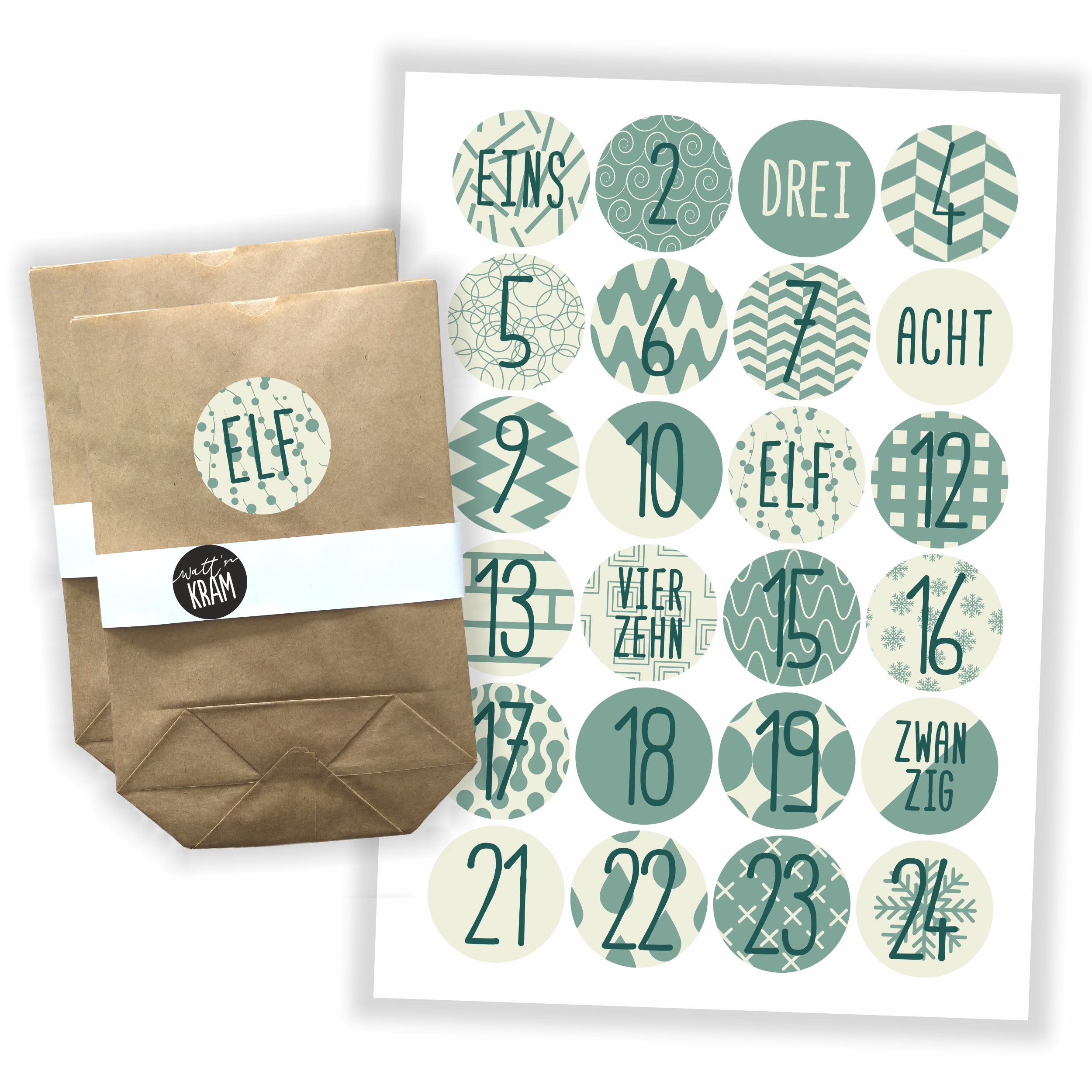 Adventskalender grün/beige - Aufkleber & Tüten zum selbst Befüllen Sticker + 24 Tüten