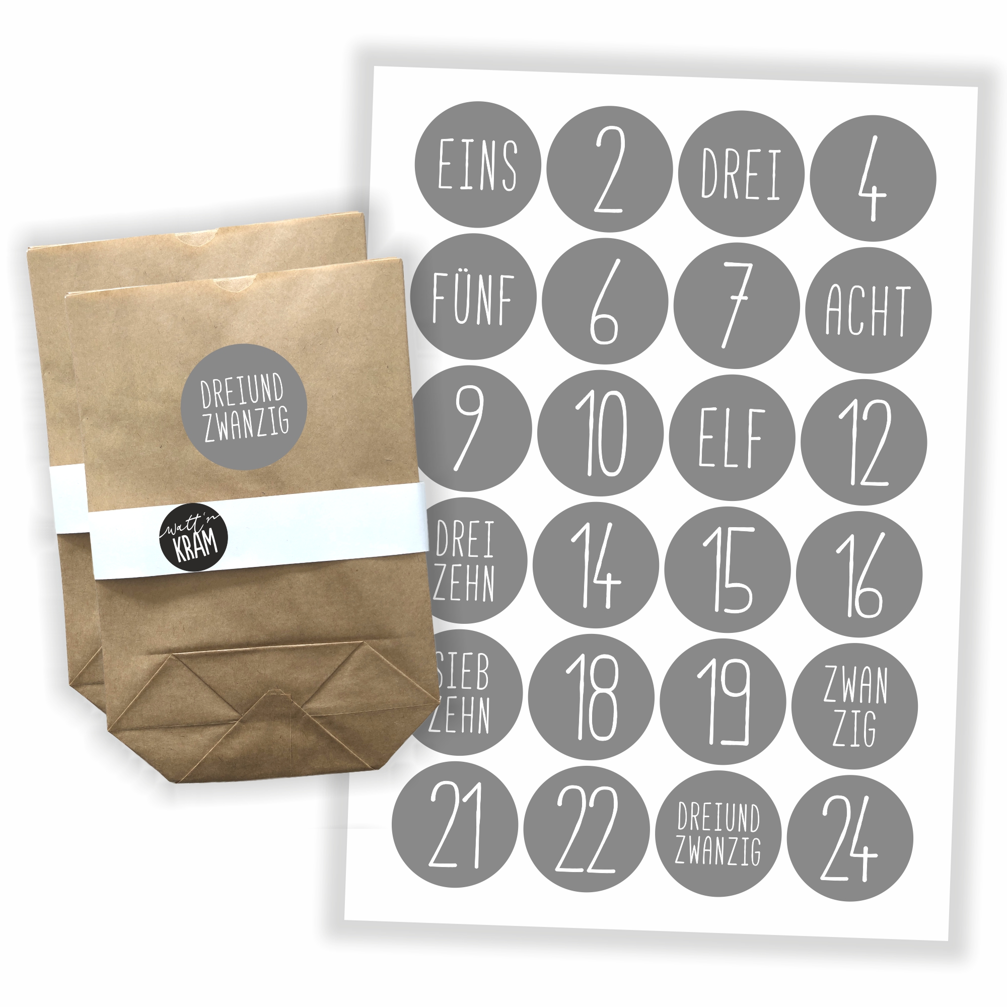 Adventskalender Zahlen Aufkleber - 24 Sticker mit 24 Tüten zum selbst Befüllen - grau