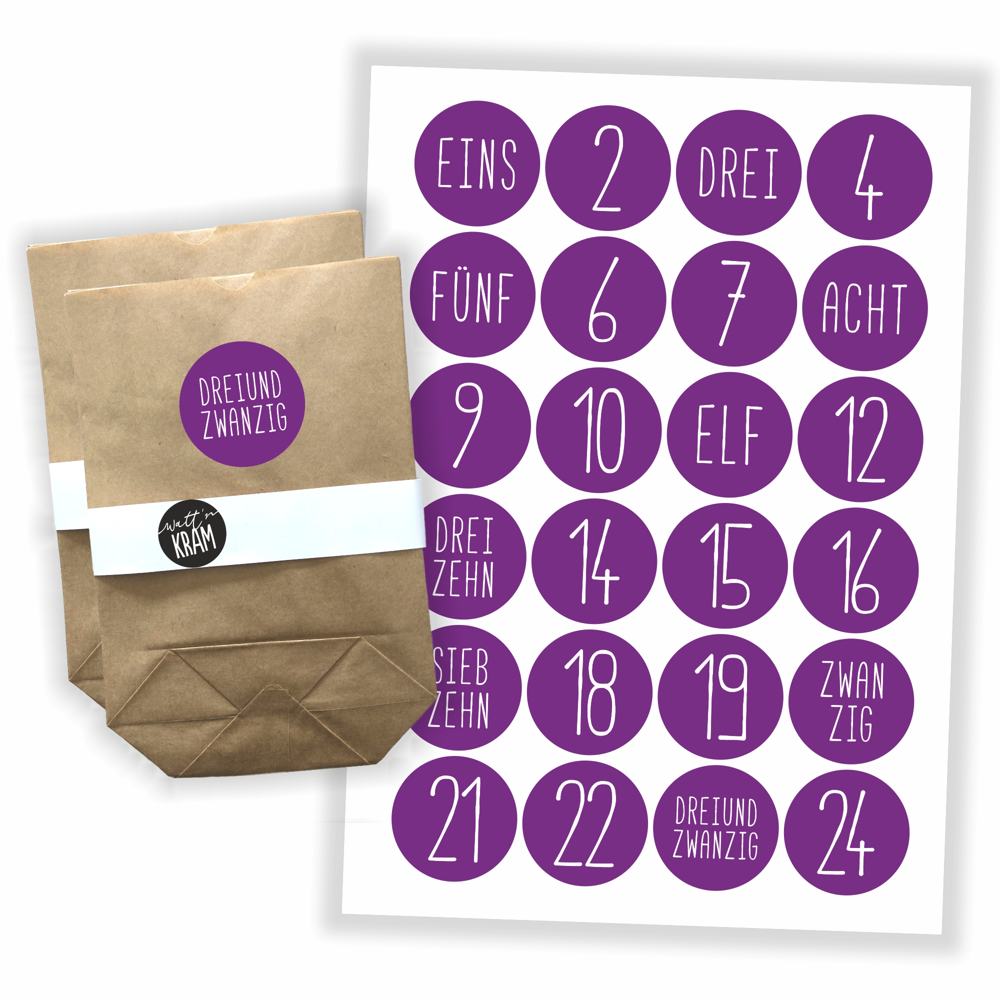 Adventskalender lila - Aufkleber + 24 Tüten