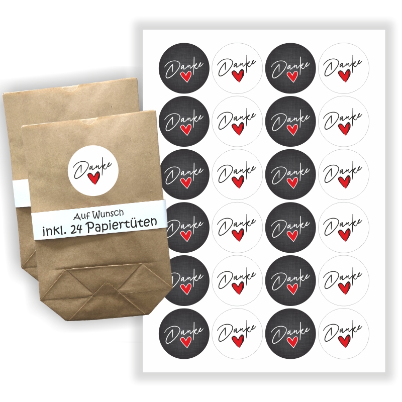 Aufkleber - Danke Sticker + 24 Tüten