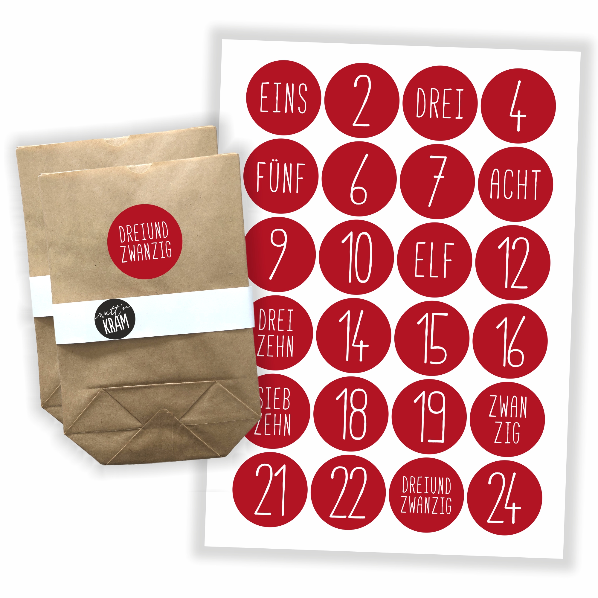 Adventskalender Zahlen Aufkleber - 24 Sticker mit 24 Tüten zum selbst Befüllen - rot