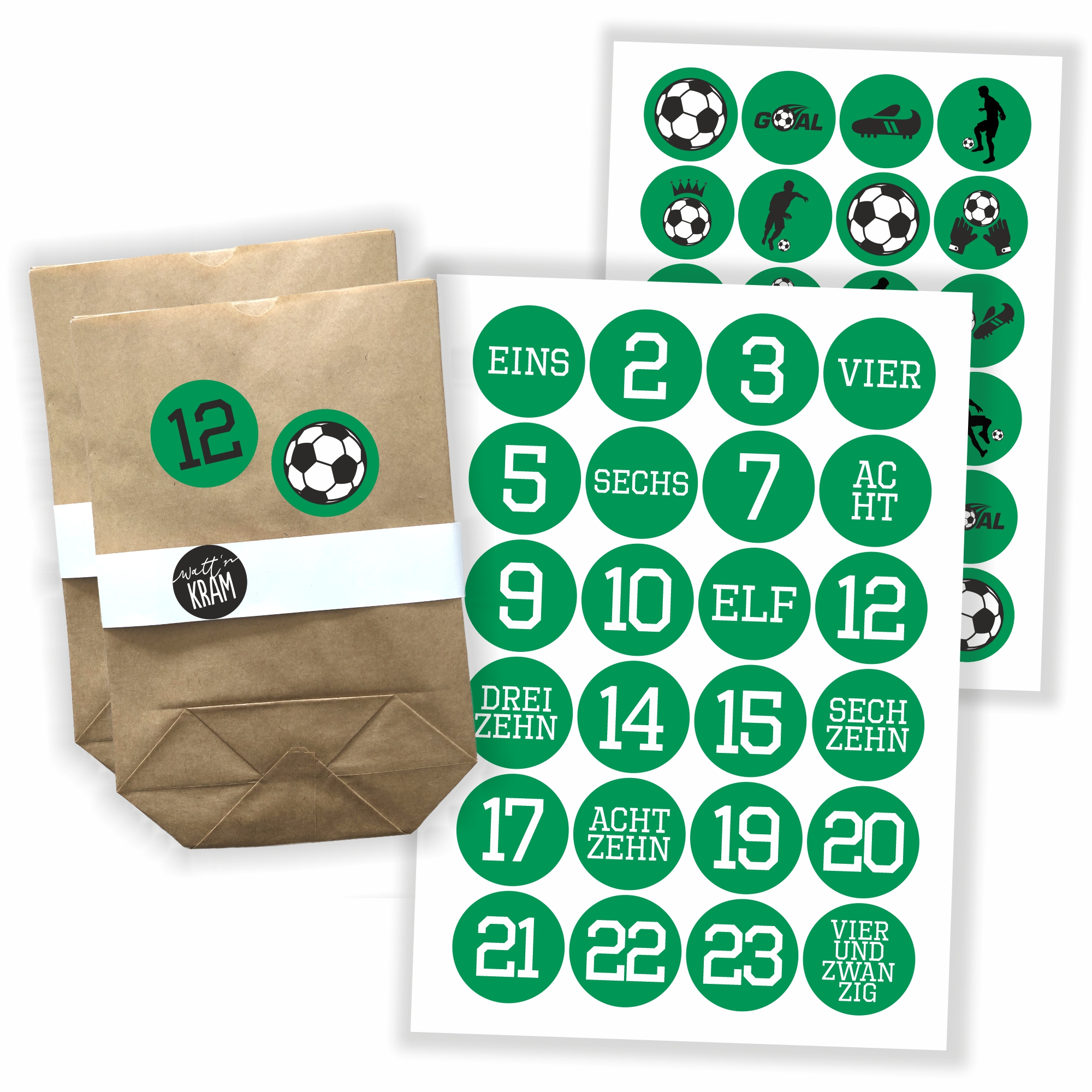 Adventskalender Aufkleber Fußball grün/weiss - 48 Sticker mit 24 Tüten zum selbst Befüllen