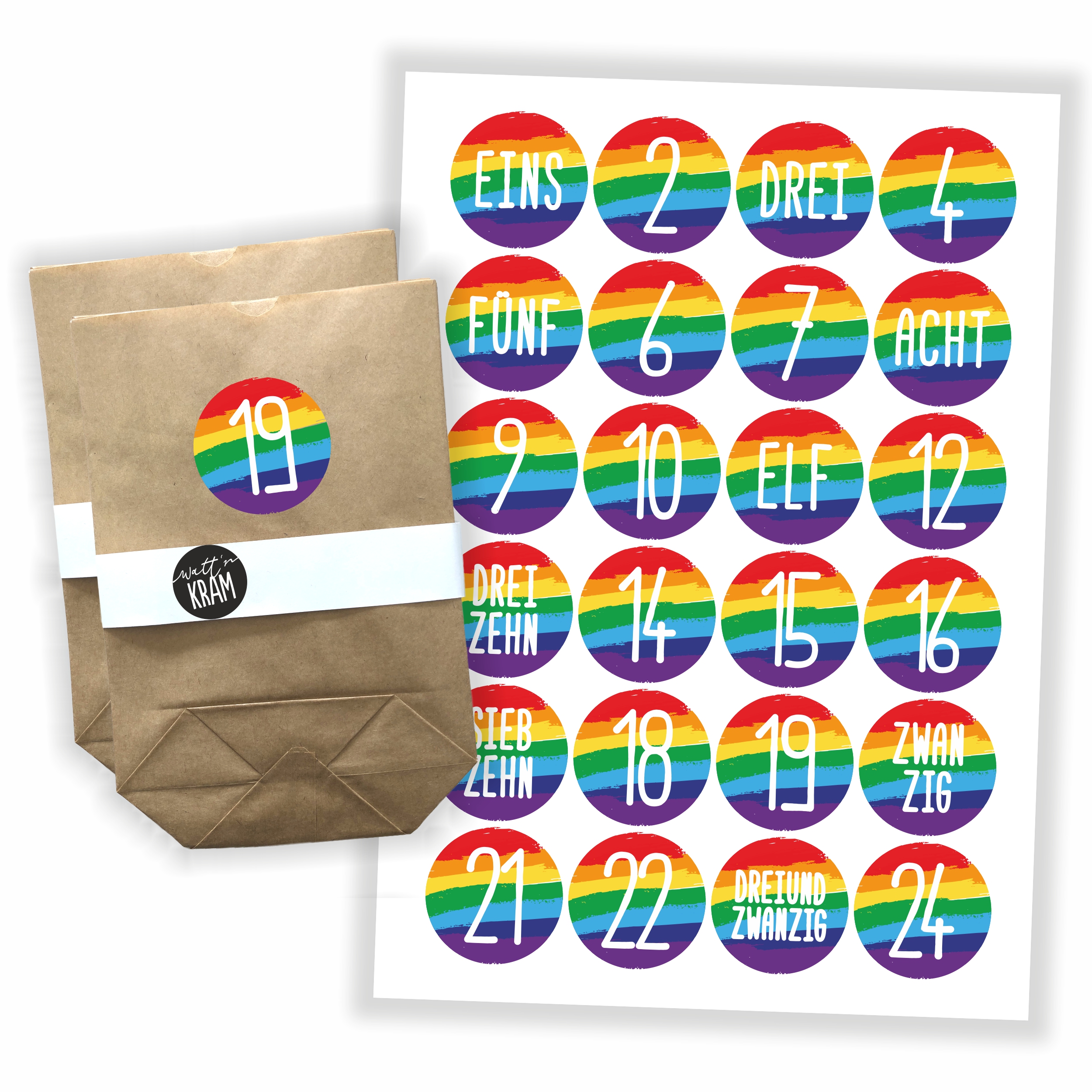 Adventskalender Regenbogen - Aufkleber & Tüten zum selbst Befüllen Sticker + 24 Tüten