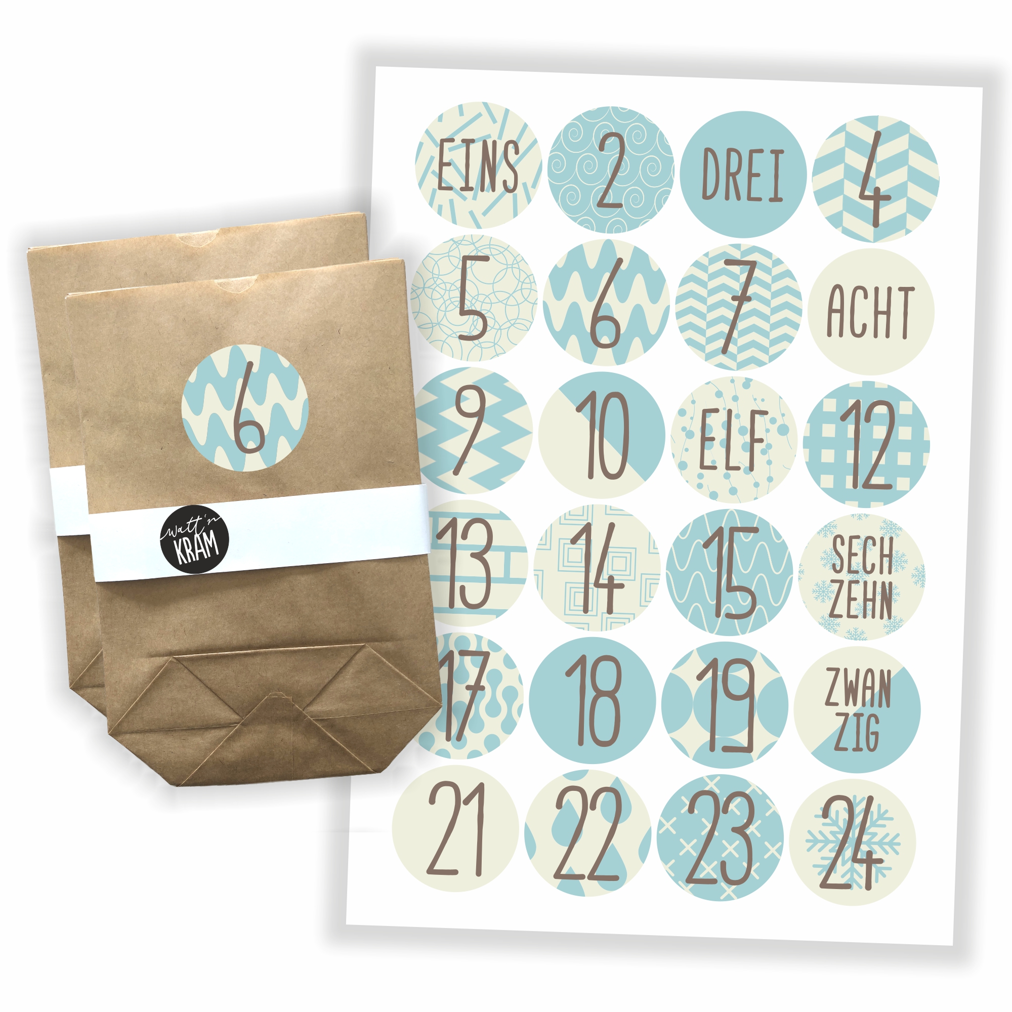 Adventskalender hellblau/braun - Aufkleber & Tüten zum selbst Befüllen Sticker + 24 Tüten