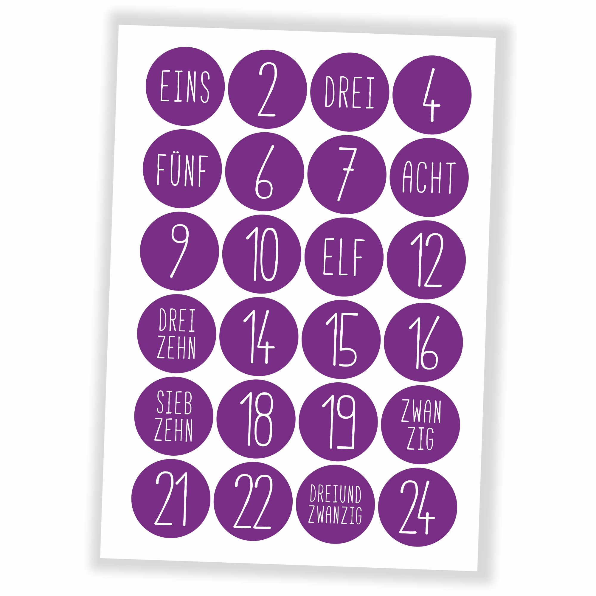 Adventskalender Zahlen Aufkleber - 24 Sticker (ohne Tüten) - lila