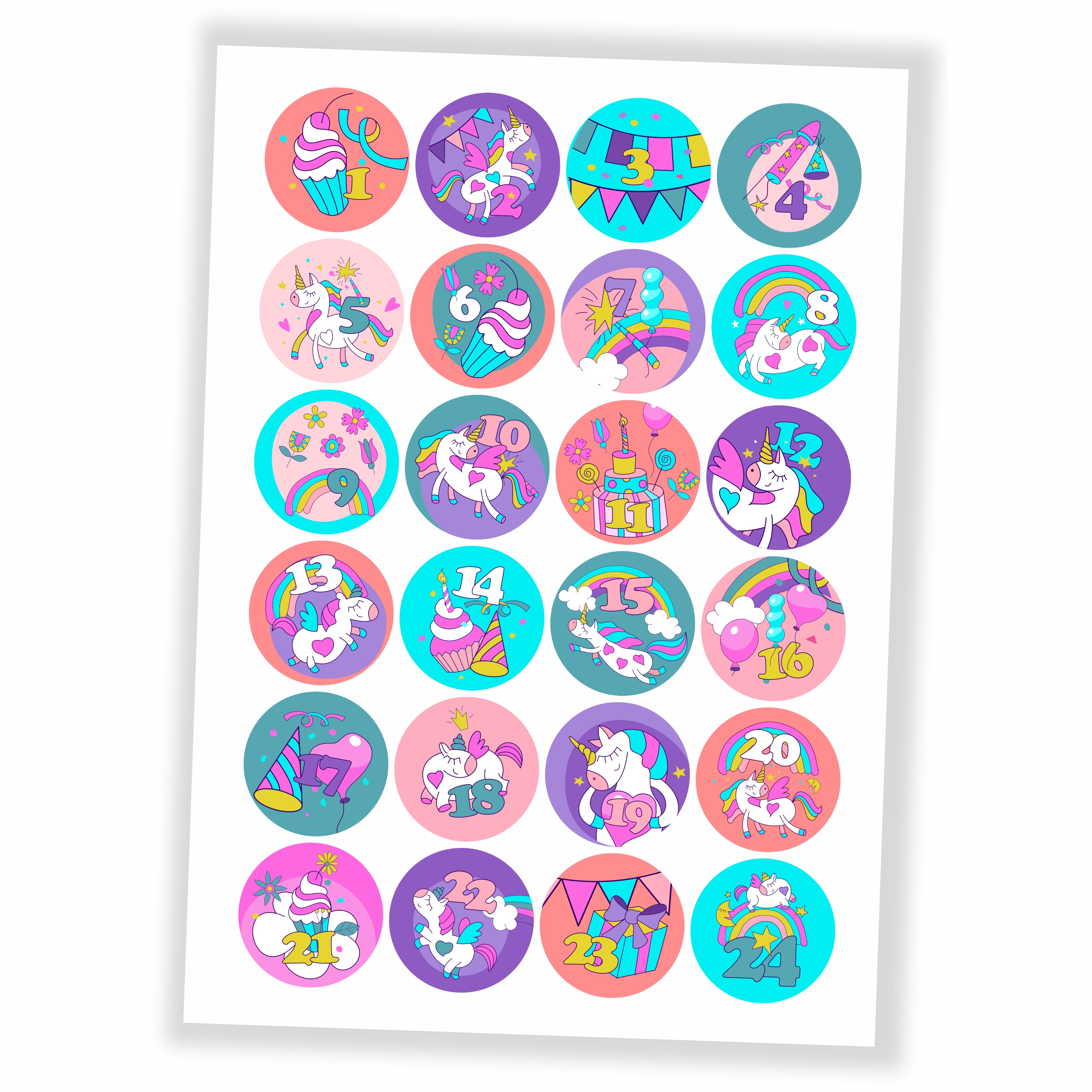 Adventskalender Einhorn - Aufkleber & Tüten zum selbst Befüllen