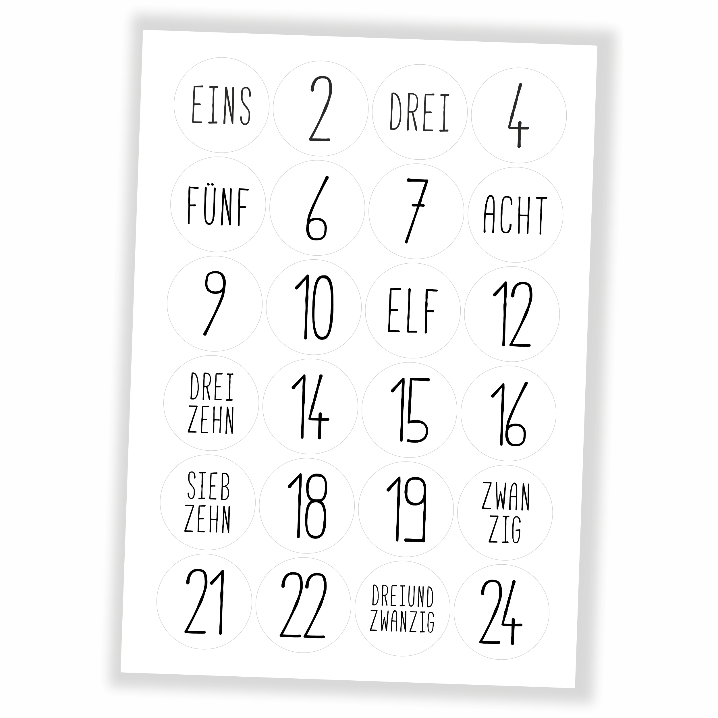 Adventskalender Zahlen Aufkleber - 24 Sticker (ohne Tüten) - weiss