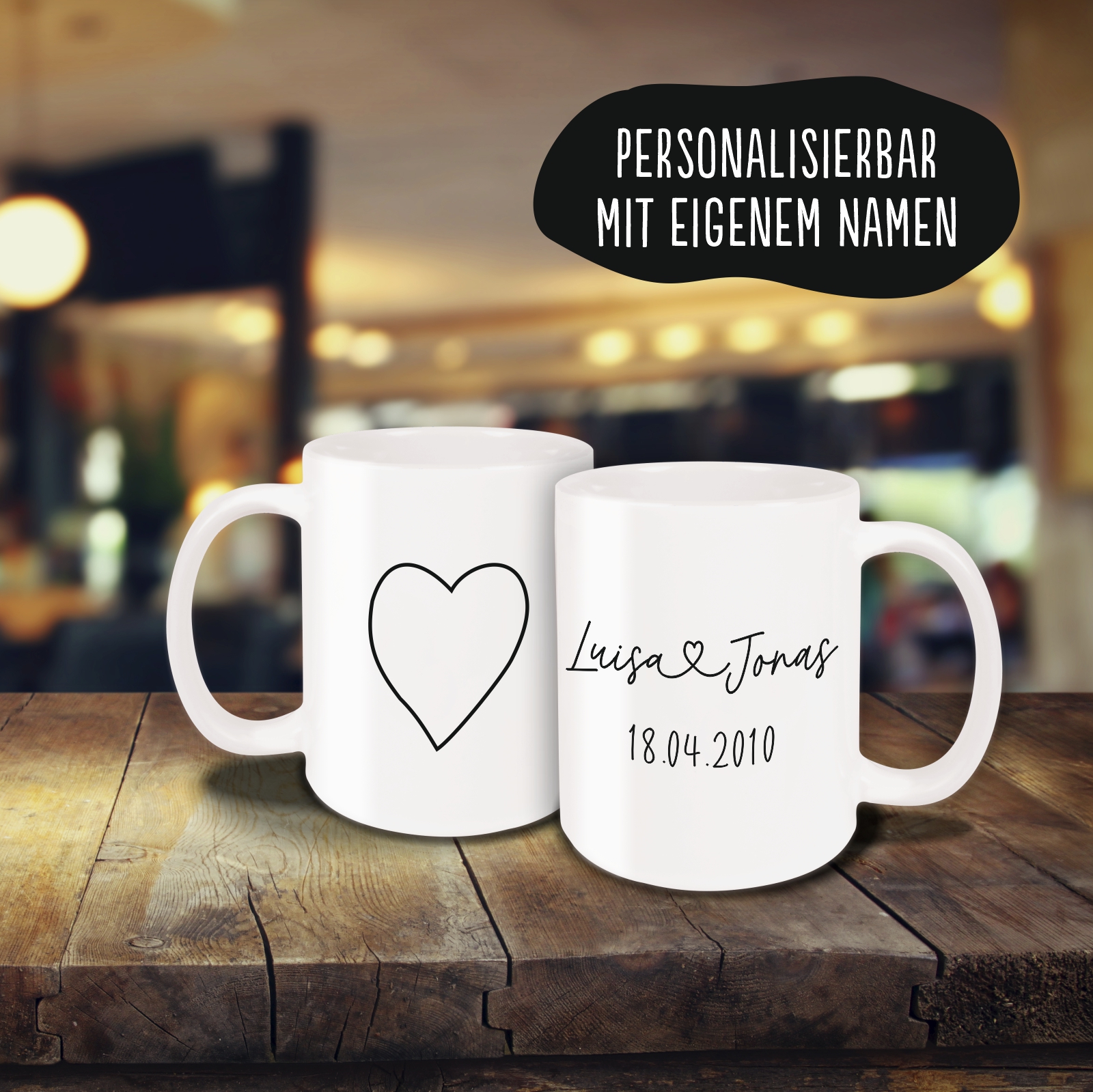 Tasse - Partner Namen, Datum & Herz weiß