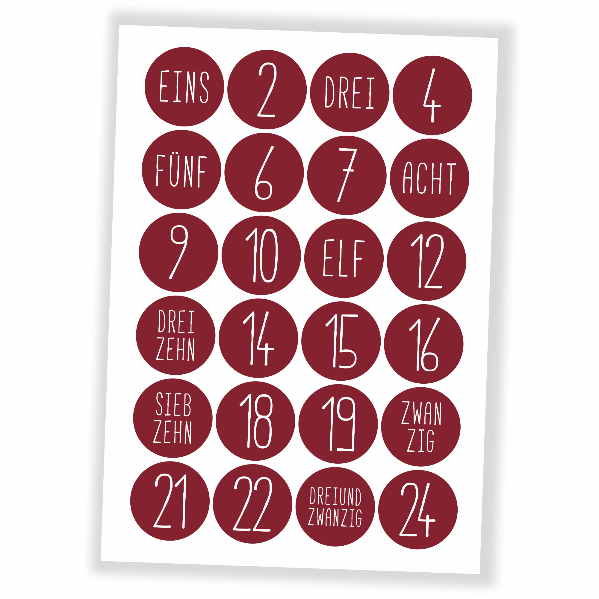 Adventskalender Zahlen Aufkleber - 24 Sticker (ohne Tüten) - weinrot
