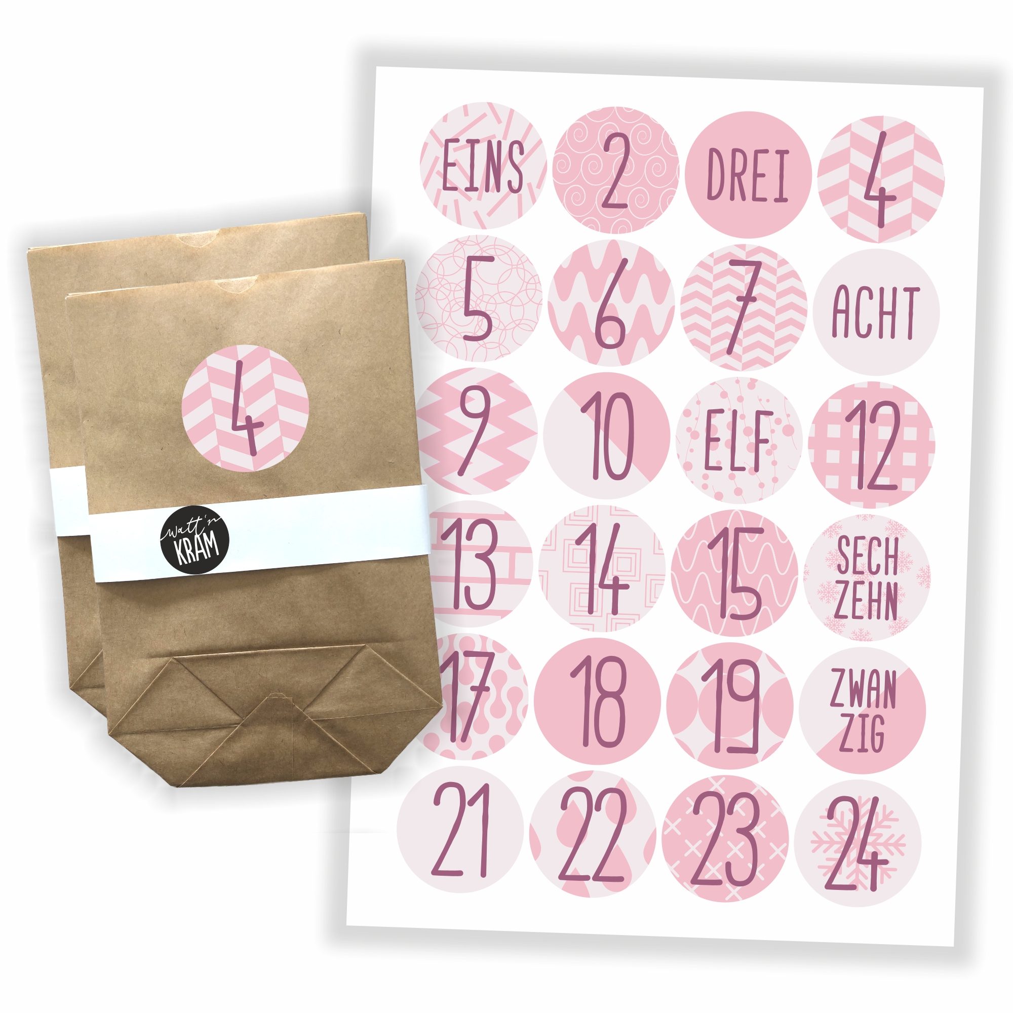 Adventskalender rosa/violett - Aufkleber & Tüten zum selbst Befüllen Sticker + 24 Tüten