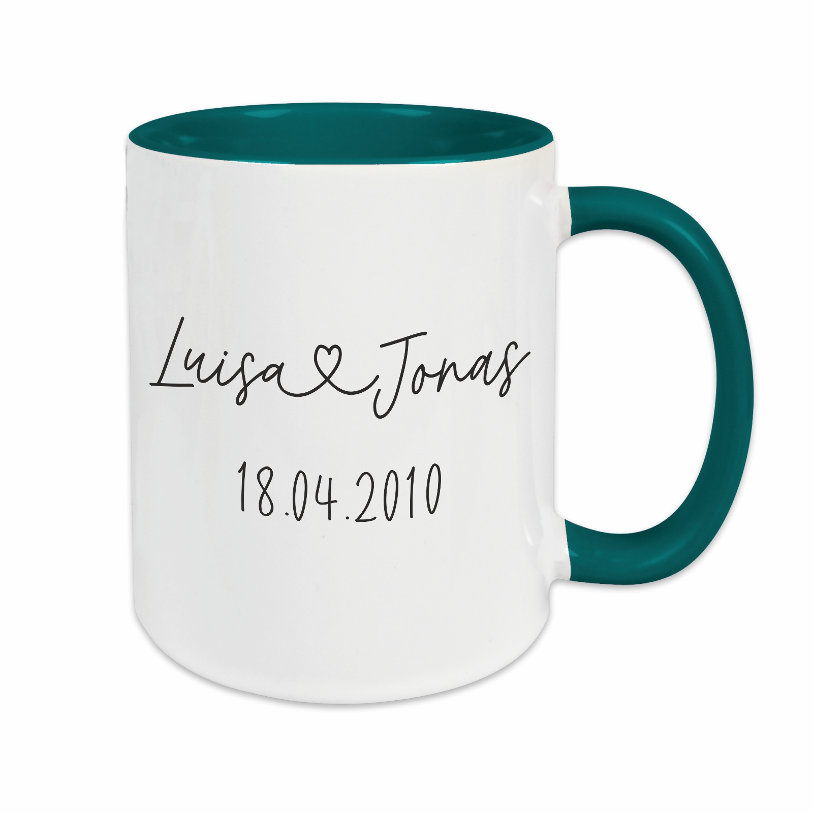 Tasse - Partner Namen, Datum & Herz petrol