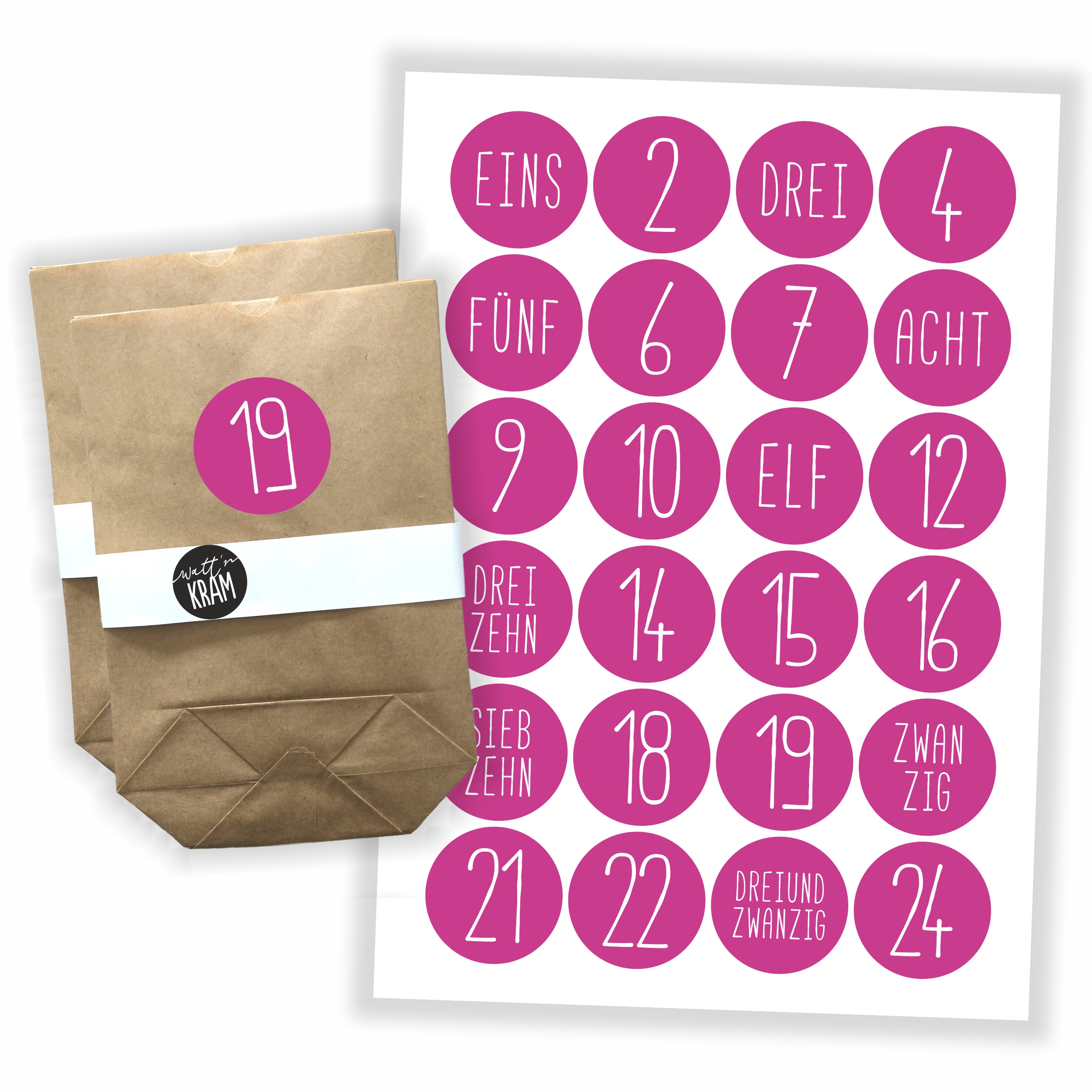 Adventskalender pink - Aufkleber + 24 Tüten