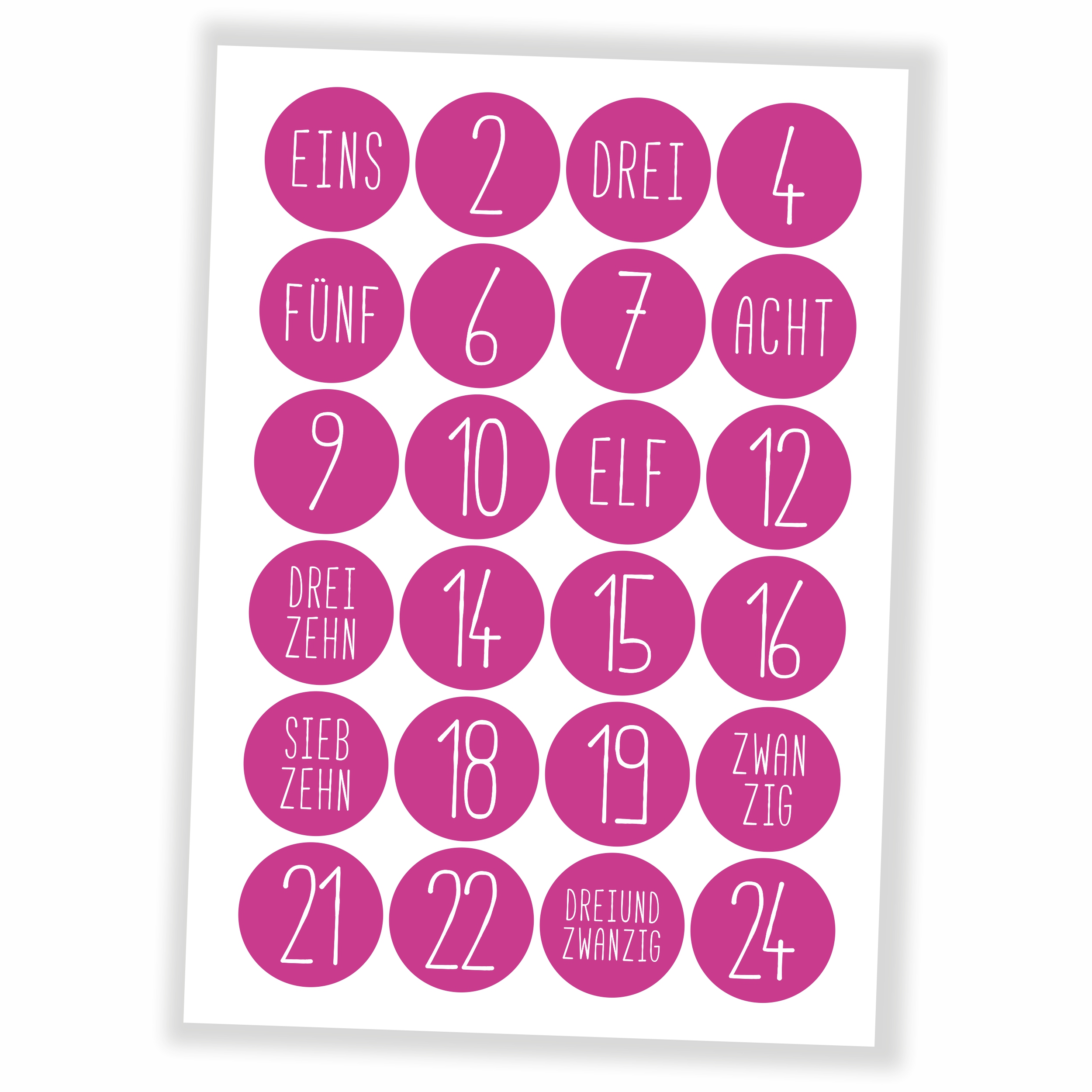 Adventskalender Zahlen Aufkleber - 24 Sticker (ohne Tüten) - pink