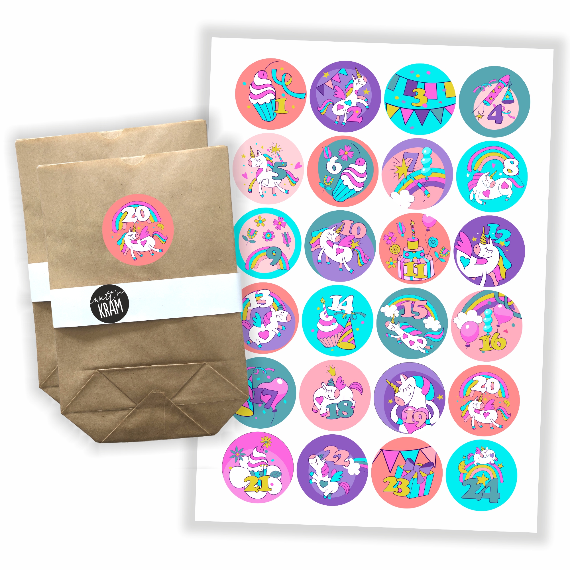 Adventskalender Einhorn - Aufkleber & Tüten zum selbst Befüllen