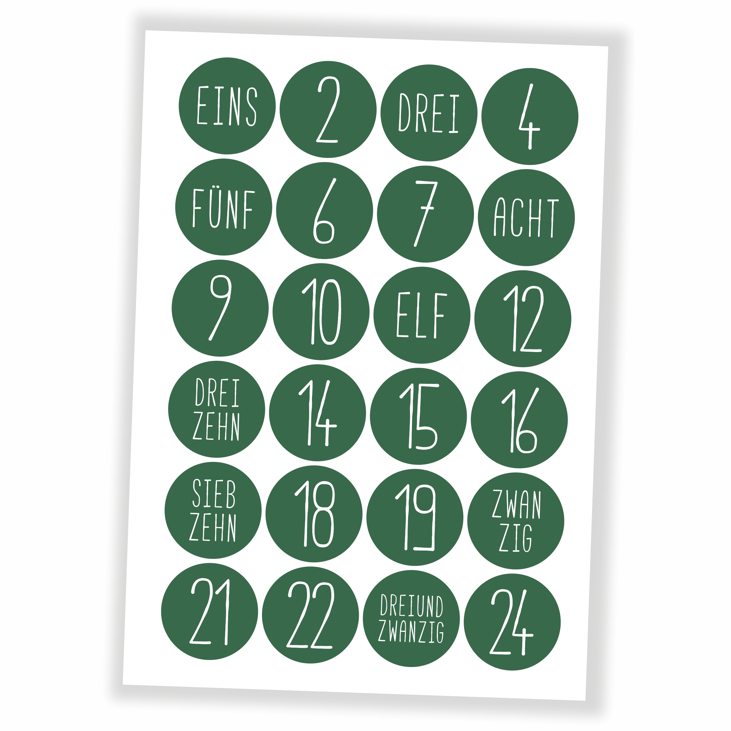 Adventskalender Zahlen Aufkleber - 24 Sticker (ohne Tüten) - dunkelgrün