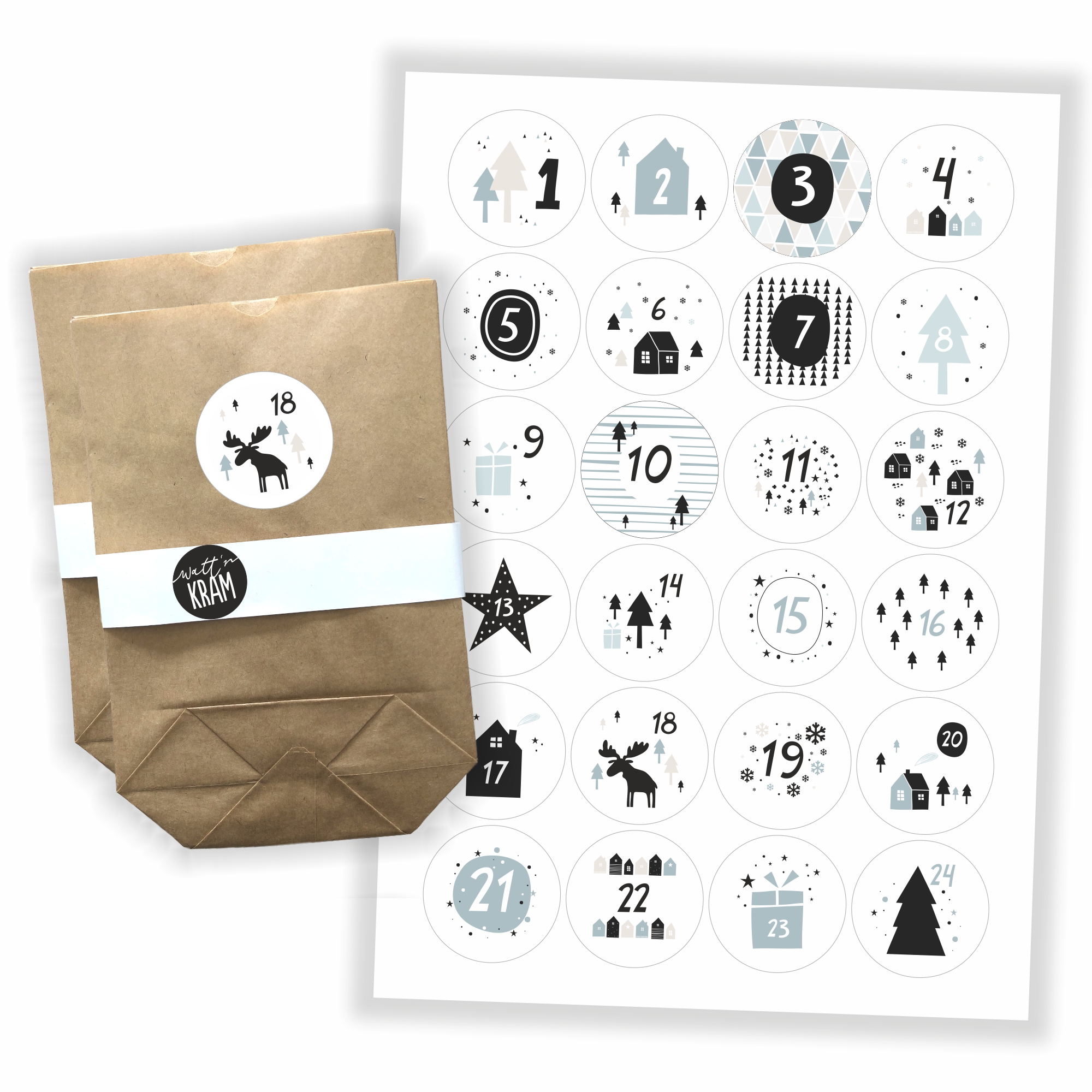 Adventskalender schwarz/weiß  - Aufkleber + 24 Tüten