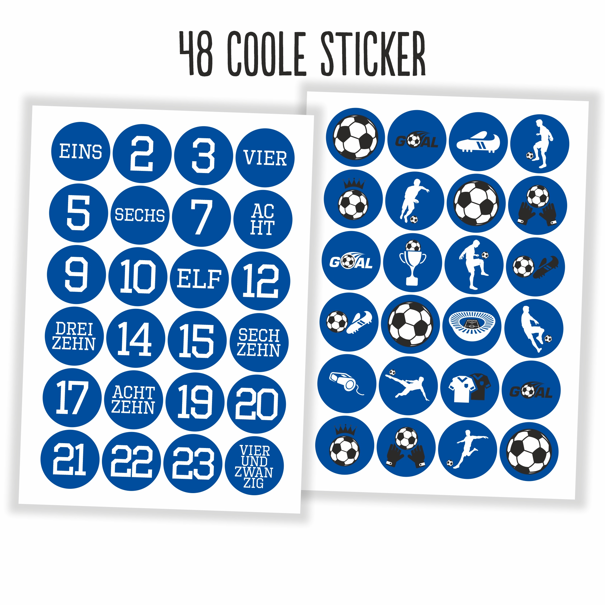 Adventskalender Aufkleber Fußball blau/weiss - 48 Sticker mit 24 Tüten zum selbst Befüllen