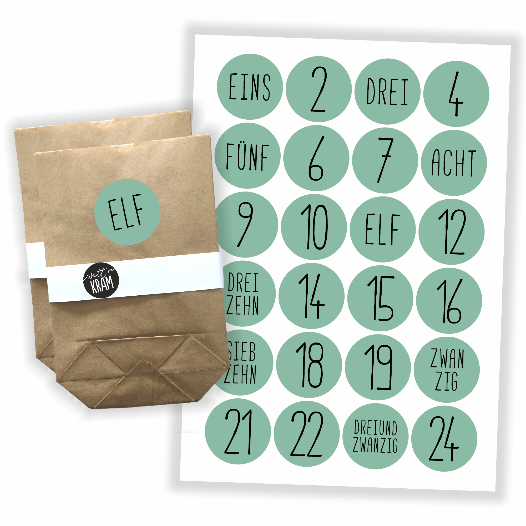 Adventskalender Zahlen Aufkleber - 24 Sticker mit 24 Tüten zum selbst Befüllen - mint