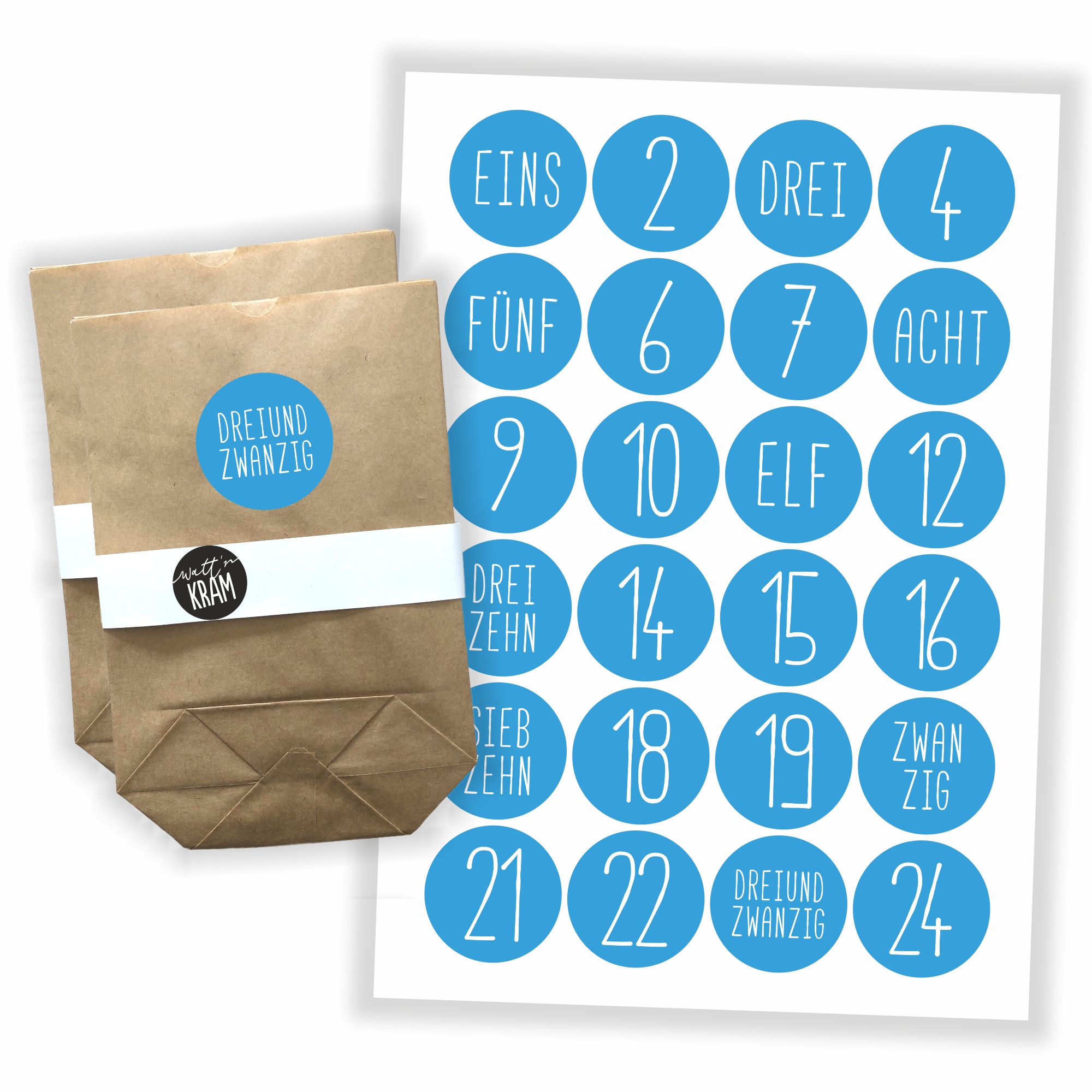 Adventskalender hellblau - Aufkleber + 24 Tüten