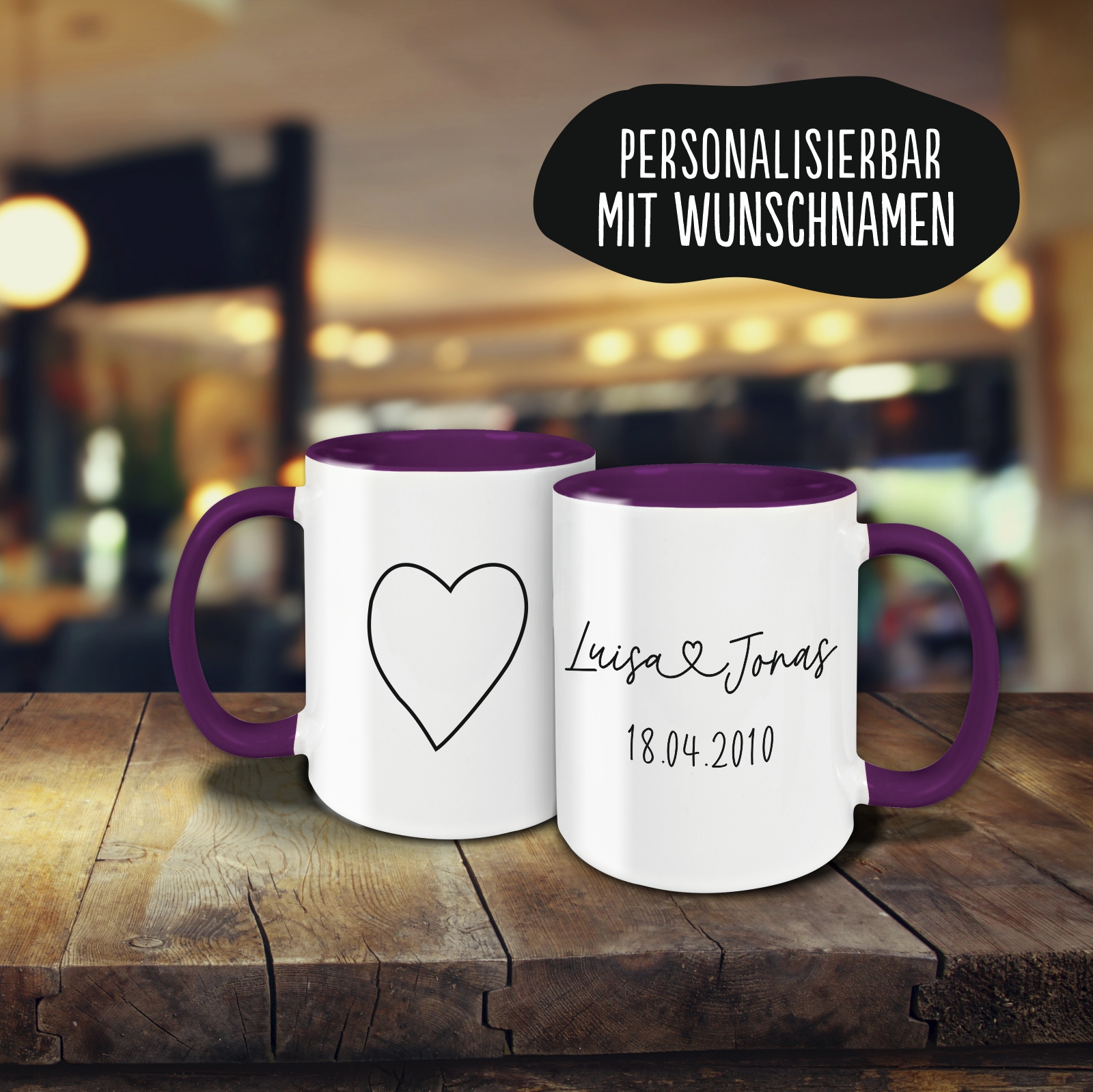 Tasse - Partner Namen, Datum & Herz lila