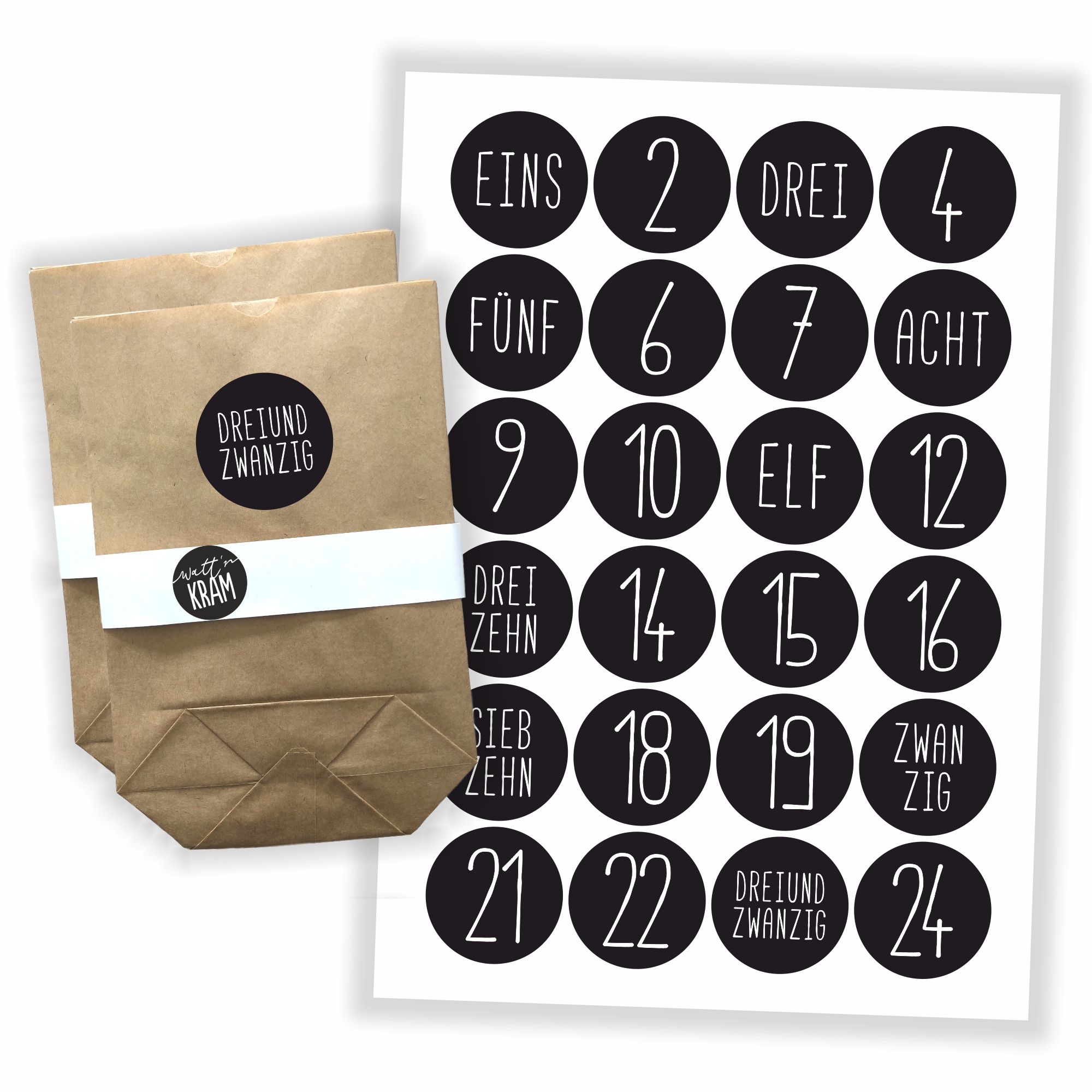 Adventskalender schwarz - Sticker EINE ZAHL + 24 Tüten