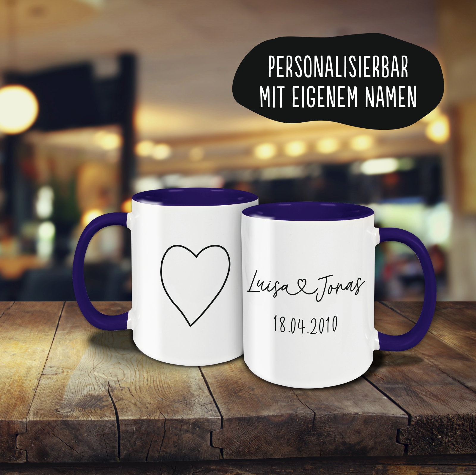 Tasse - Partner Namen, Datum & Herz dunkelblau