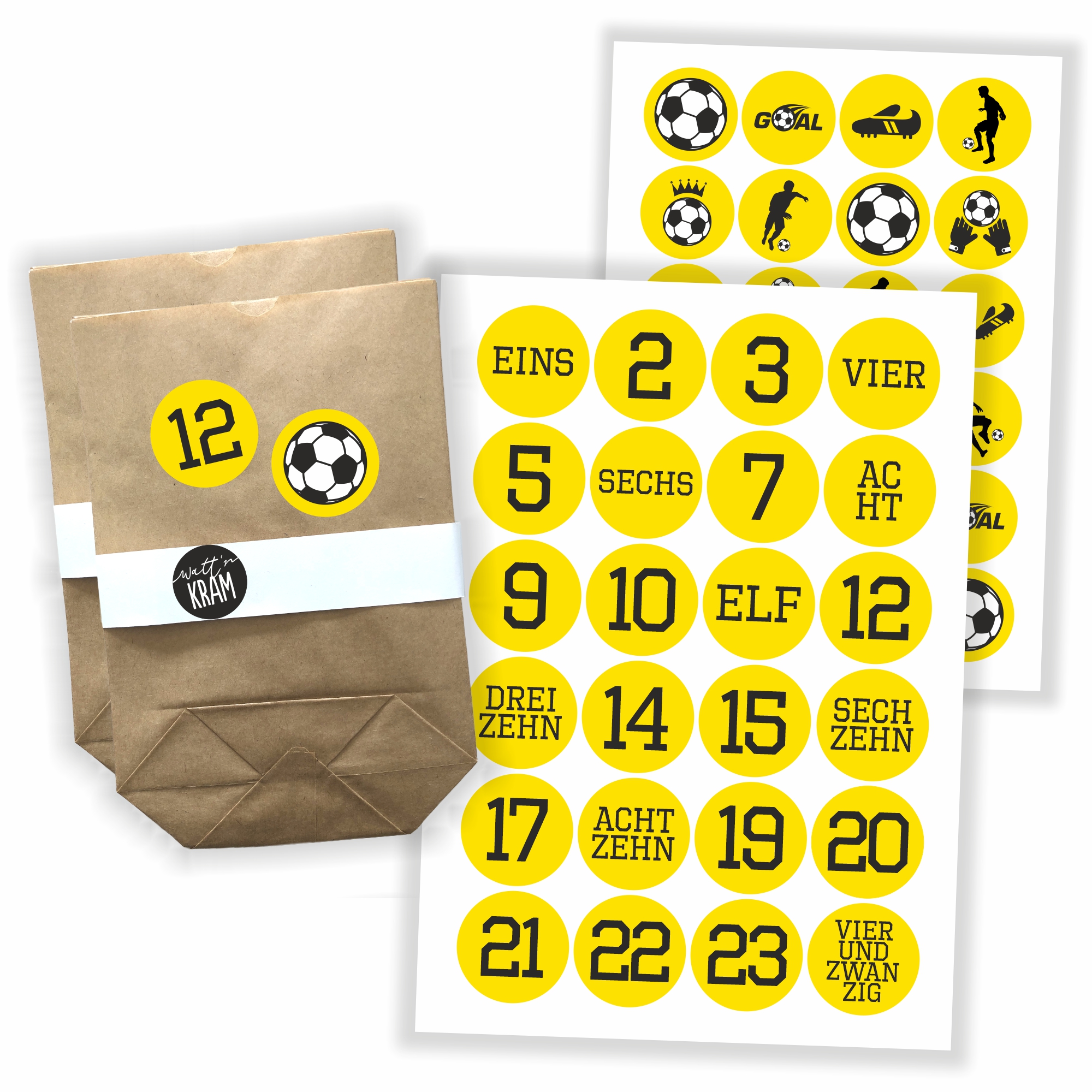 Adventskalender Aufkleber Fußball - 48 Sticker mit 24 Tüten zum selbst Befüllen - gelb/schwarz – Ansicht 1 von 4